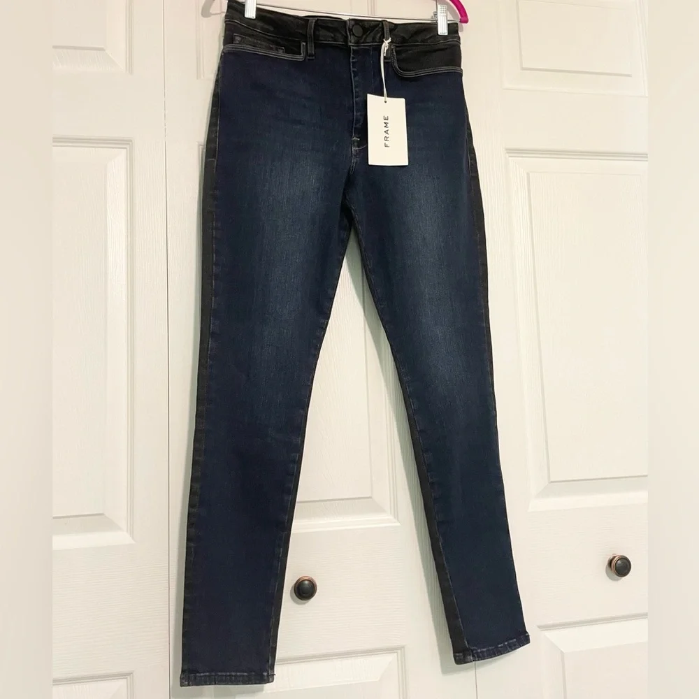 NWT FRAME Le One Skinny Fit Mid Rise Teller 2 Tone Blue & Black Denim - Picture 4 of 10